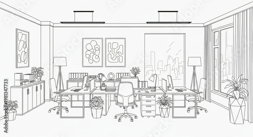 Modern Office Interior Design Sketch with Plants and Furniture.