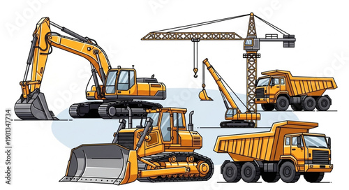 Collection of construction heavy machinery vehicles for building industry.