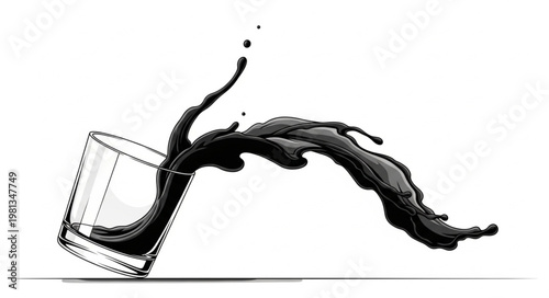 Black liquid splashing out of a tilted glass.