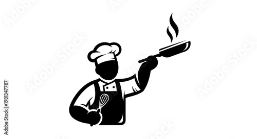 Chef holding a frying pan with steam rising.