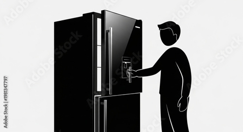 Silhouette of a person opening a modern refrigerator door.