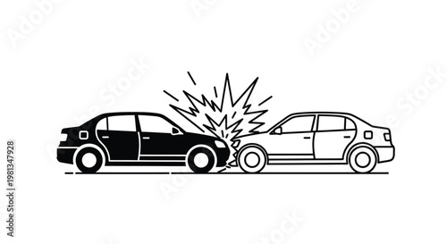 A stark black and white illustration depicts a head on collision between two passenger vehicles