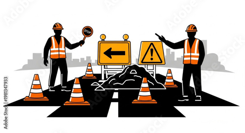 Construction workers directing traffic around road work site.