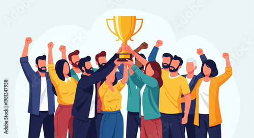 Diverse group of people celebrating holding a golden trophy aloft.