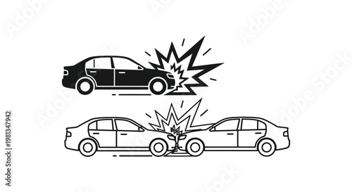 A graphic illustration depicts two separate car crashes with impact lines and explosion effects