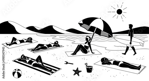 People sunbathing on a sandy beach under a bright sun.