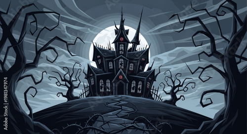 Spooky haunted mansion on a hill under a full moon.
