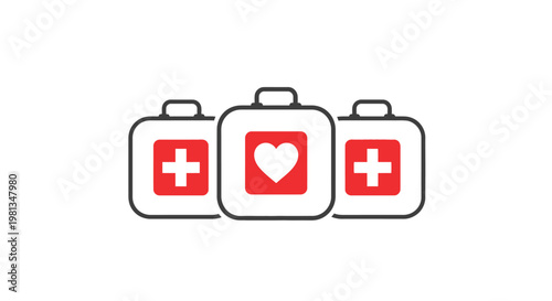 Three simple outlined first aid kits are displayed in a row each featuring distinct red symbols