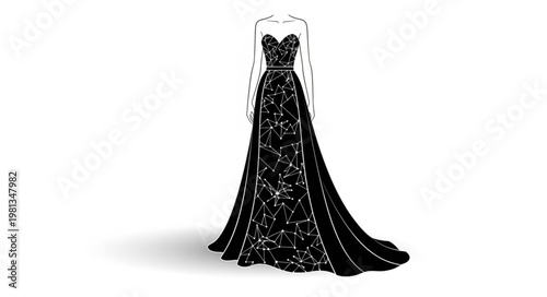 Elegant black lace evening gown with train and veil.