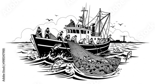 Fishing boat crew hauling in a large net full of fish.