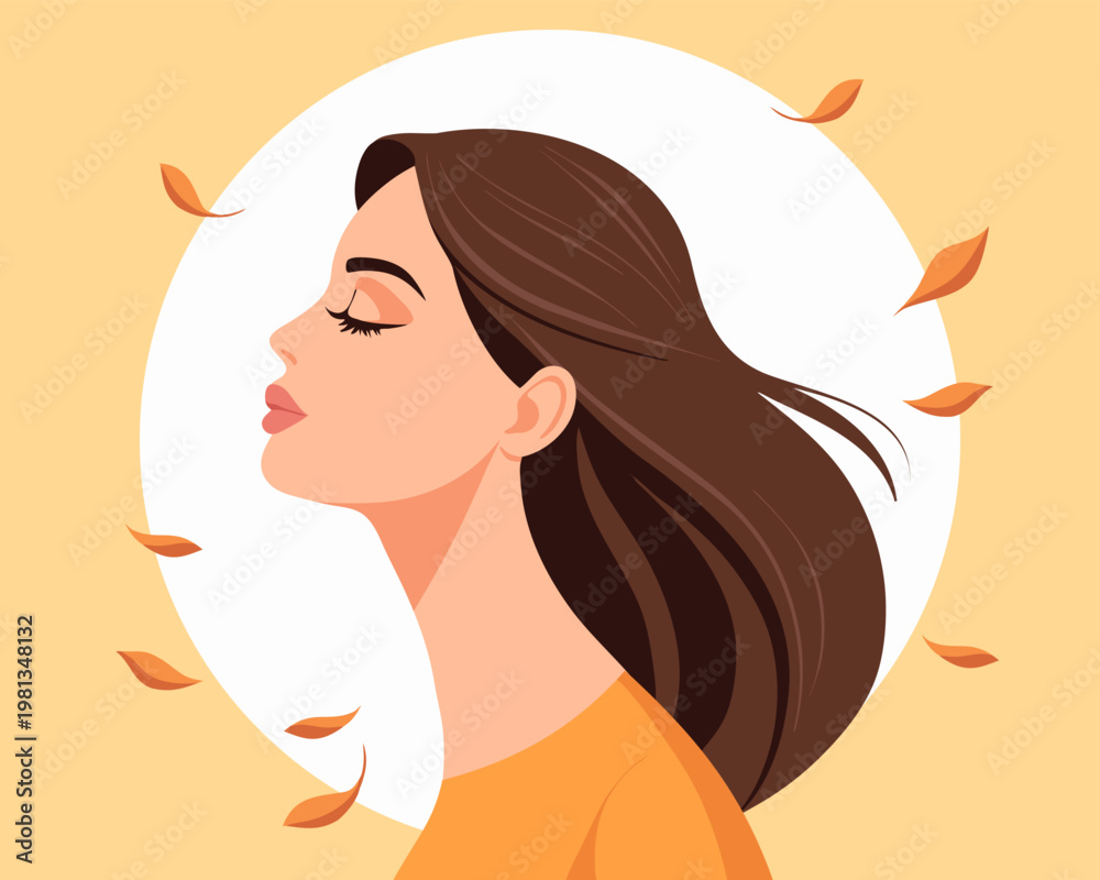Ταπετσαρία Young woman in profile with closed eyes and falling leaves