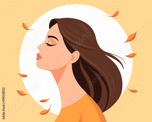 Bilde på lerret Young woman in profile with closed eyes and falling leaves