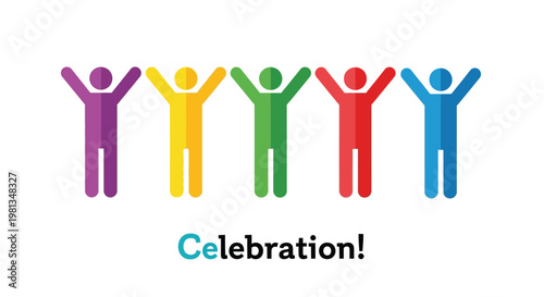 A row of colorful simplified human figures with arms raised in a celebratory gesture