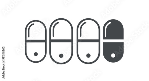 A simple black and white illustration depicts four capsules in a linear arrangement showing varying fill levels