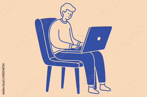 Quirky Remote Work Illustration: Minimalist Electric Blue Naive Art Person with Giant Laptop and Chair Vector