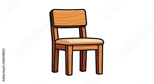 A simple cartoon illustration depicts a wooden chair with a flat seat and backrest