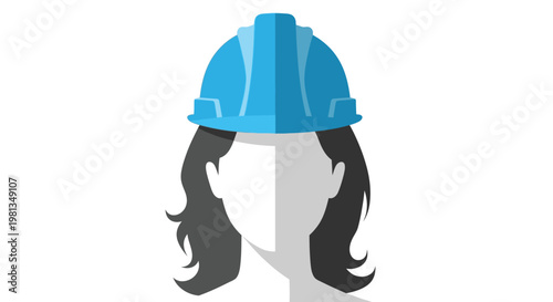 A brightly colored blue construction helmet sits atop a simplified grayscale female head silhouette