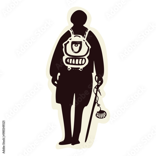 Pilgrim walker with backpacker rucksack , hiking stick and camino shell. Great for Santiago decompostelo pilgrimage or canterbury passport badge symbol. Hand drawn vector black and white icon. 