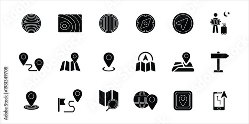 maps icons set. route, navigation, location, map pin, compass, direction, gps, locate and more. simple solid vector