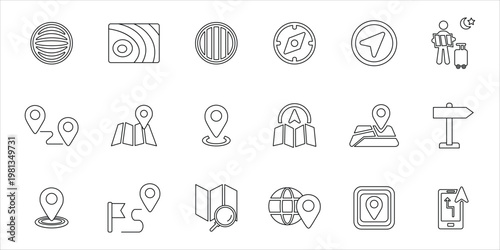 maps icons set. route, navigation, location, map, compass, direction, gps, locate and more. simple line vector