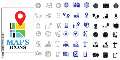 maps icons set. topography, route, navigation, location, map, compass, direction, gps, locate and more. simple complete vector