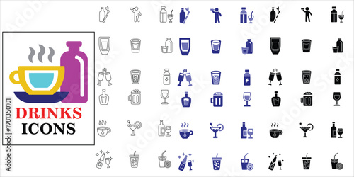 drinks icons set. cheers, drinking, beverage, milk, tea, coffe, beer, whiskey, juice, cocktail and more. simple complete vector