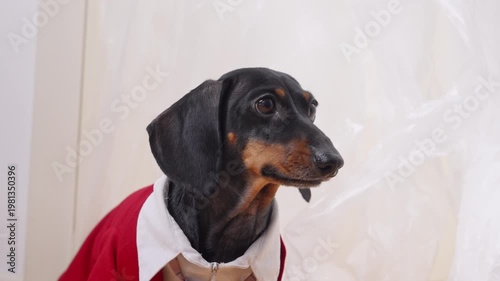 A dachshund dog in a white shirt and red sweater casts a quiet, wistful look to the side, licks its lips and shakes its head impatiently.