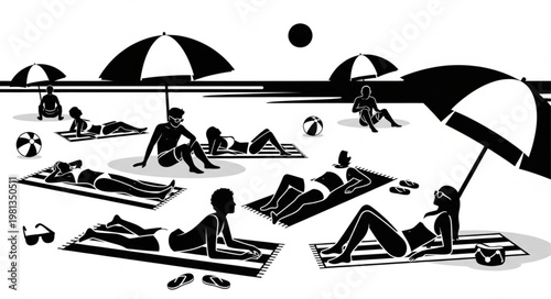 People relaxing on a sunny beach under umbrellas.