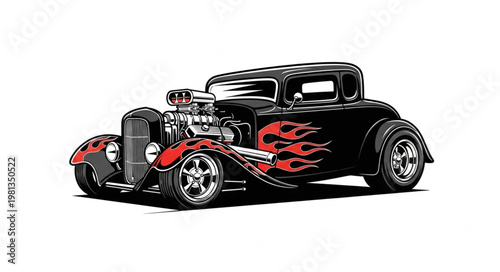 Classic Black Hot Rod Car with Flames and Powerful Engine.