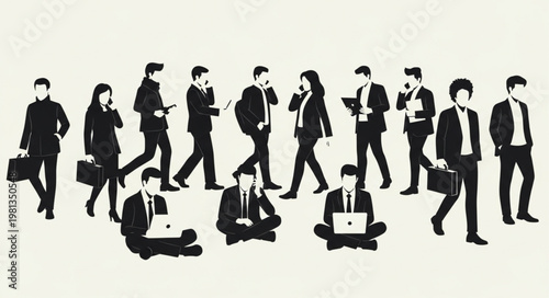 Diverse group of business people in silhouette with laptops and briefcases.