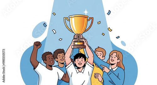 Diverse group of friends celebrating winning a trophy together.