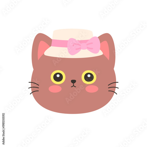 Cute kawaii brown cat face wearing cream hat with pink bow