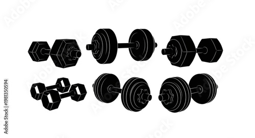 Collection of black dumbbells and weights for fitness training.