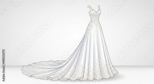 Elegant white wedding dress with intricate lace details and long train.
