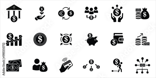 dollar icons set. asset, money, bank, wallet, funding, investment, budget and more. simple solid vector