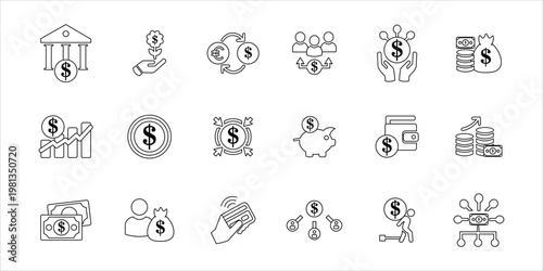 dollar icons set. asset, money, bank, wallet, funding, investment, income and more. simple line vector