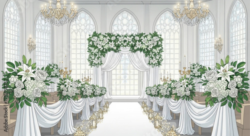 Elegant White Wedding Ceremony Decor with Floral Arch and Chairs.