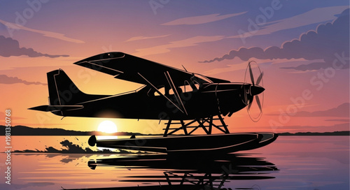 Seaplane Silhouette at Sunset on Water.