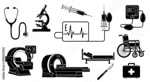 Collection of Medical Equipment and Healthcare Symbols.