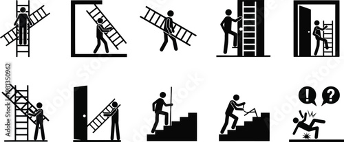 Stick figure icons. challenges and solutions with ladders and stairs