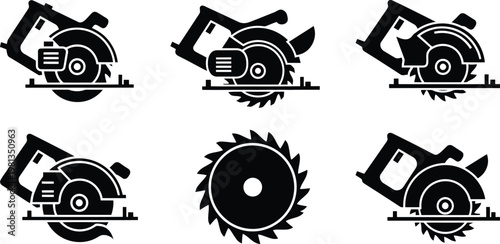 Circular saw icon set. industrial power tools and sharp cutting blades
