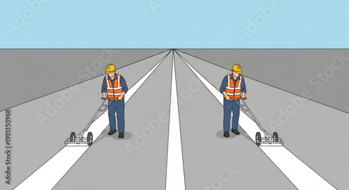 Two construction workers painting road lines on a highway.