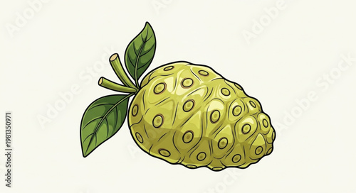 Noni Fruit Illustration with Green Leaves.
