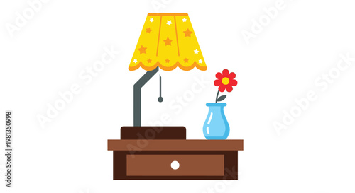 A colorful illustration depicts a bedside table with a star patterned lamp and a small vase of flowers