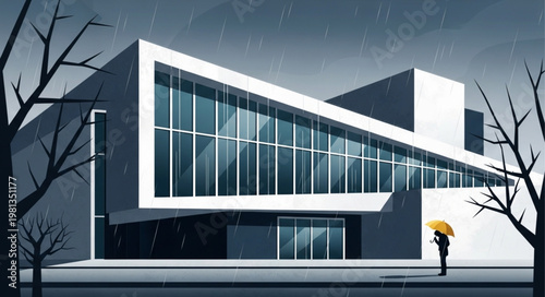 Modern Architecture Building Facade with Glass Windows and Person Holding Umbrella.