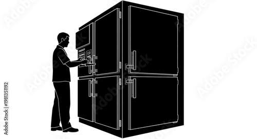 Man working on large industrial server rack equipment.