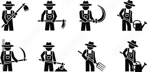 Farmer icon set, agricultural workers holding, garden tools and farming equipment equipment