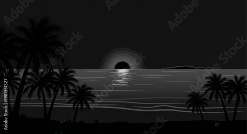 Silhouette of palm trees against a moonlit ocean horizon.