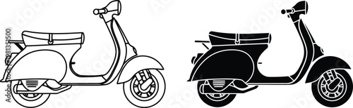 Scooter icon set, vintage motorcycle design in black and white line art style