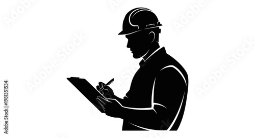 Silhouette of a construction worker in a hard hat writing on a clipboard.